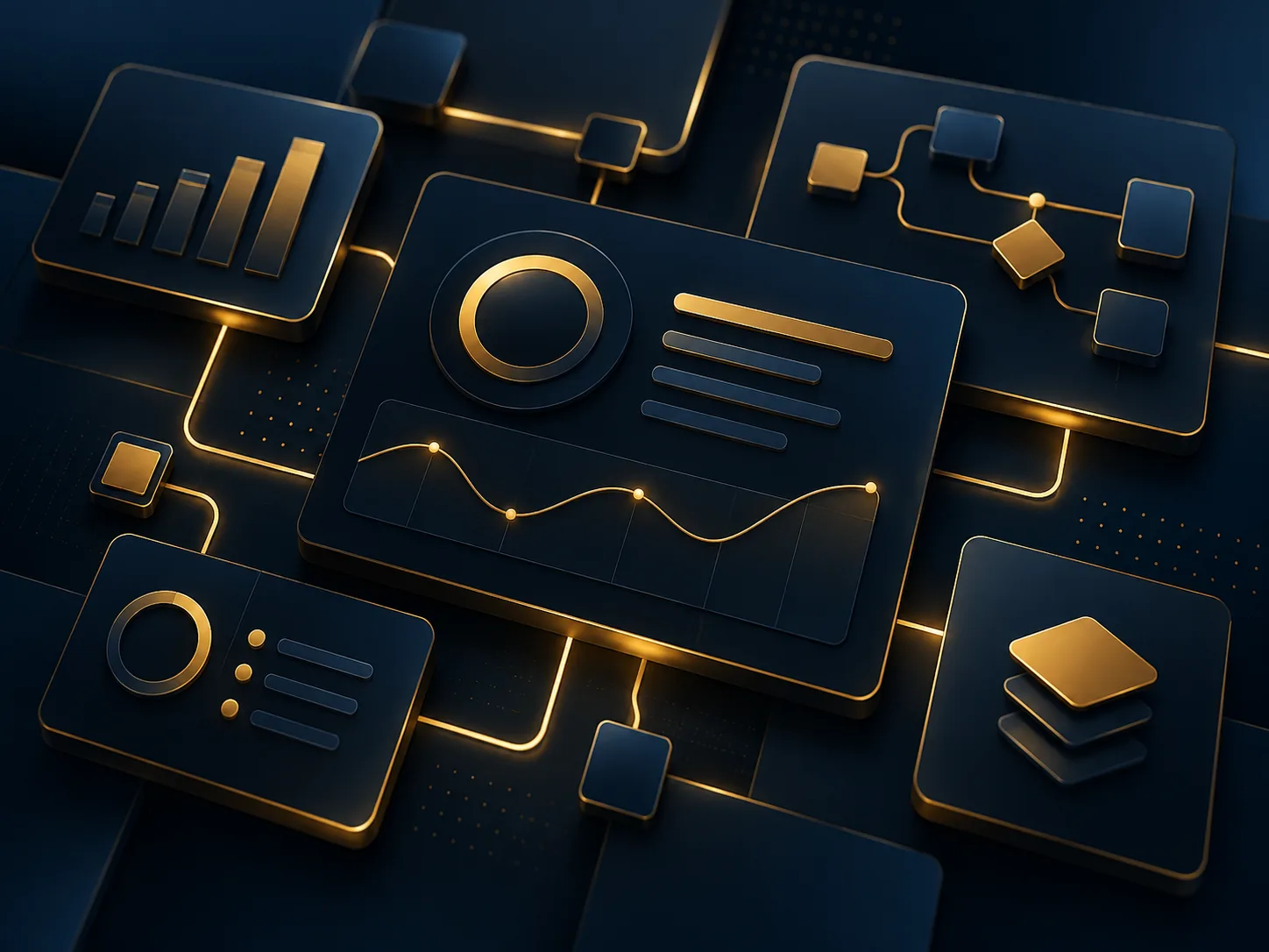 Connected dashboard panels with gold edges