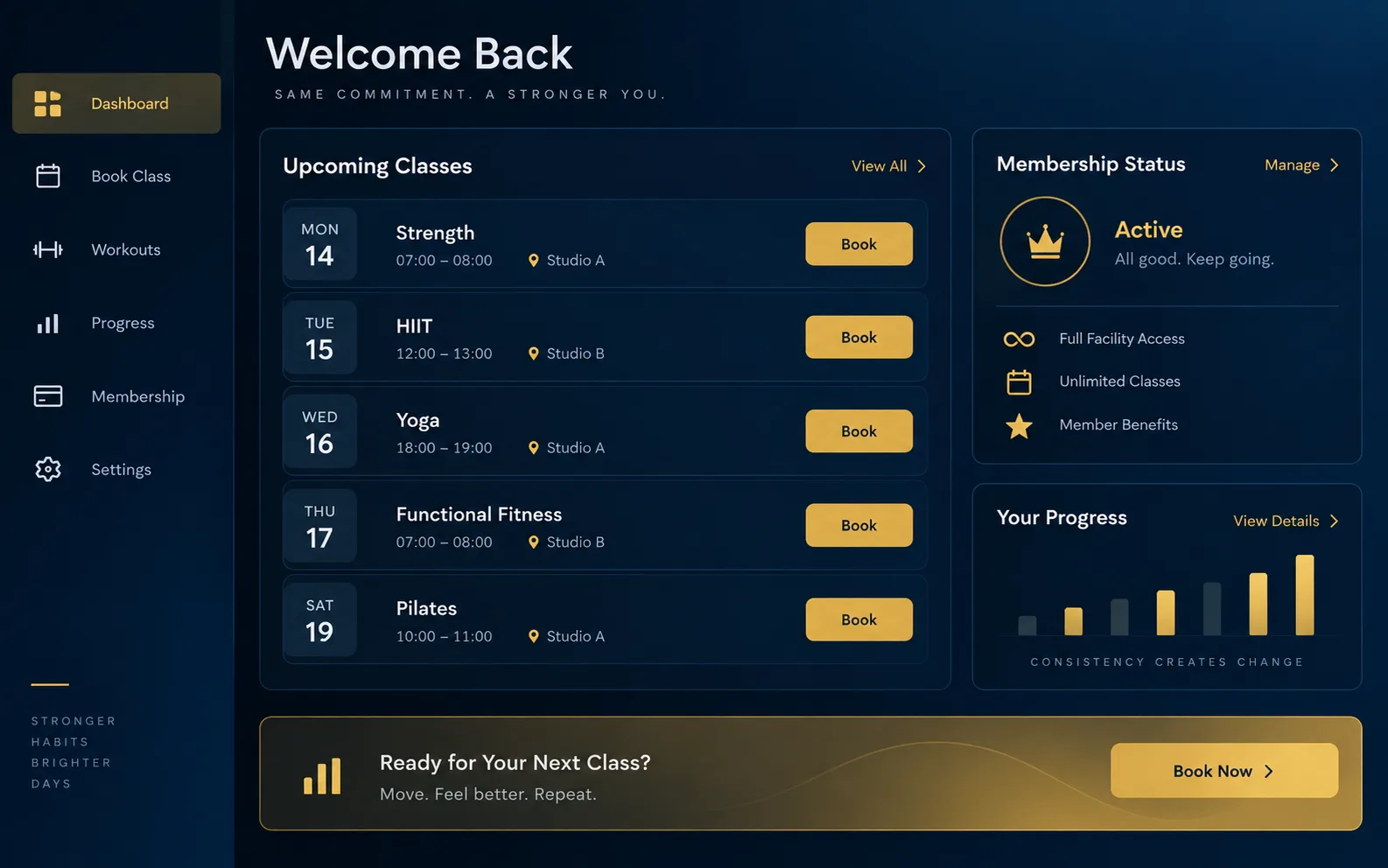 Sample dark navy member portal dashboard with booking list and membership card