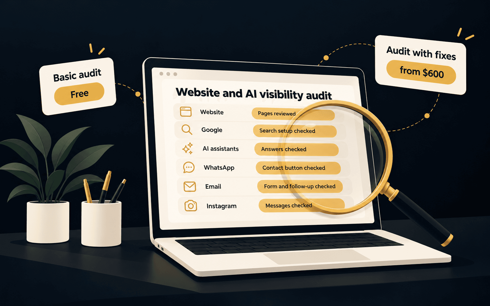 A laptop showing a website and AI visibility audit checklist, with a magnifying glass over it and price tags for the free basic audit and the audit with fixes