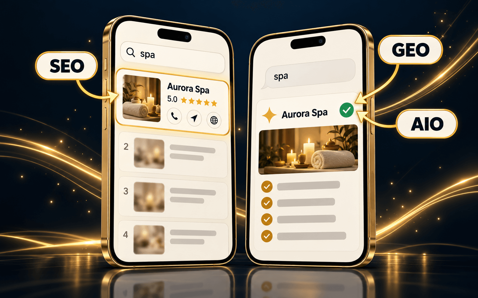 Two phones side by side: a Google search for a spa showing the business first, and an AI assistant recommending the same business, with SEO, GEO and AIO labels